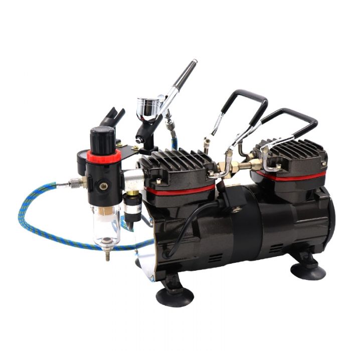 COLOURLOCK Portable Air Compressor Set (Twin Cylinder Pro) with Airbrush, Hose, Twin Airbrush Holder & Set of Cleaning Brushes