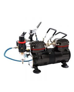 Portable Air Compressor Set, Twin Cylinder Pro, with airbrush, airbrush holder, hose and a set of cleaning brushes